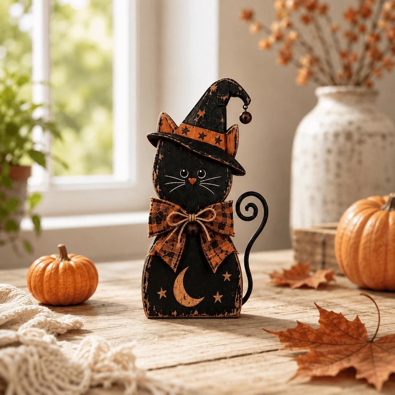 2D Wooden Cat Blocks, Halloween Wooden Rustic Shelf Sitter, Rustic Fall Tiered Tray Decor, Desktop Decor, Halloween Gifts