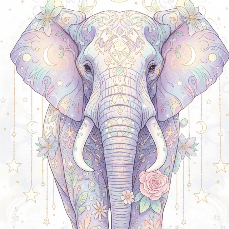 Celestial Pastel Elephant – Whimsical Boho Digital Art